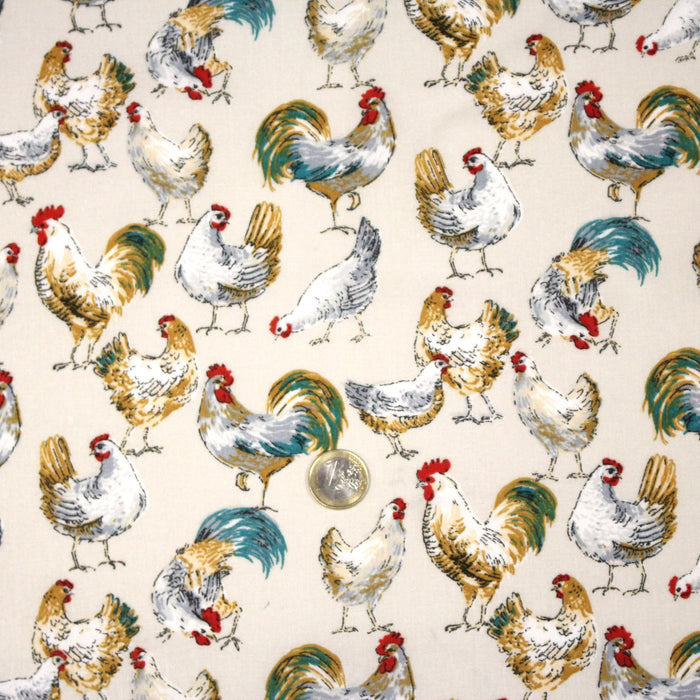 Tissu coton POULES & COQS, écru, vert canard, ocre - OEKO-TEX