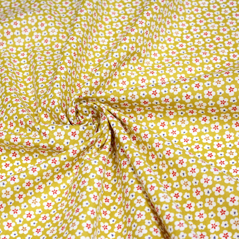 Tissu cotonnade fleurs japonaises géométriques : bleu, jaune, vert, rouge - OEKO - TEX - TissusPapi.com