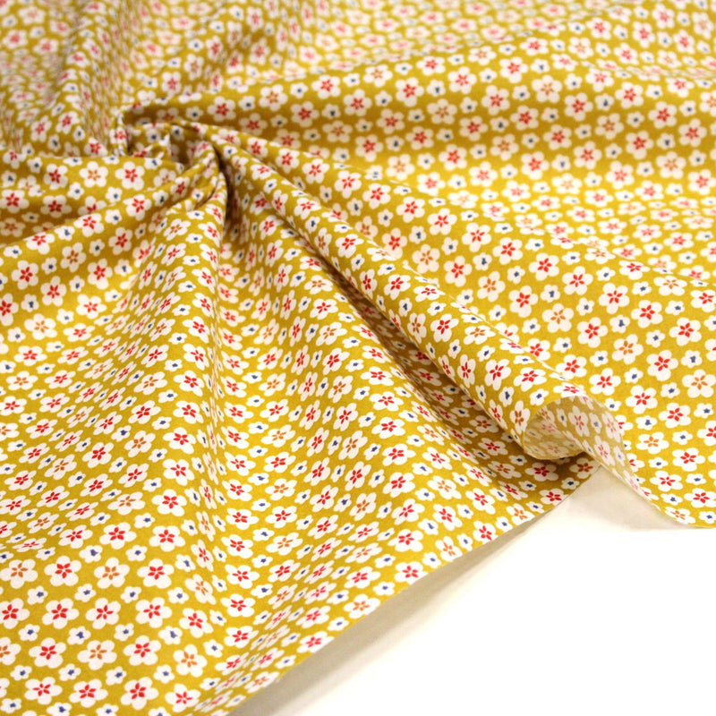 Tissu cotonnade fleurs japonaises géométriques : bleu, jaune, vert, rouge - OEKO - TEX - TissusPapi.com