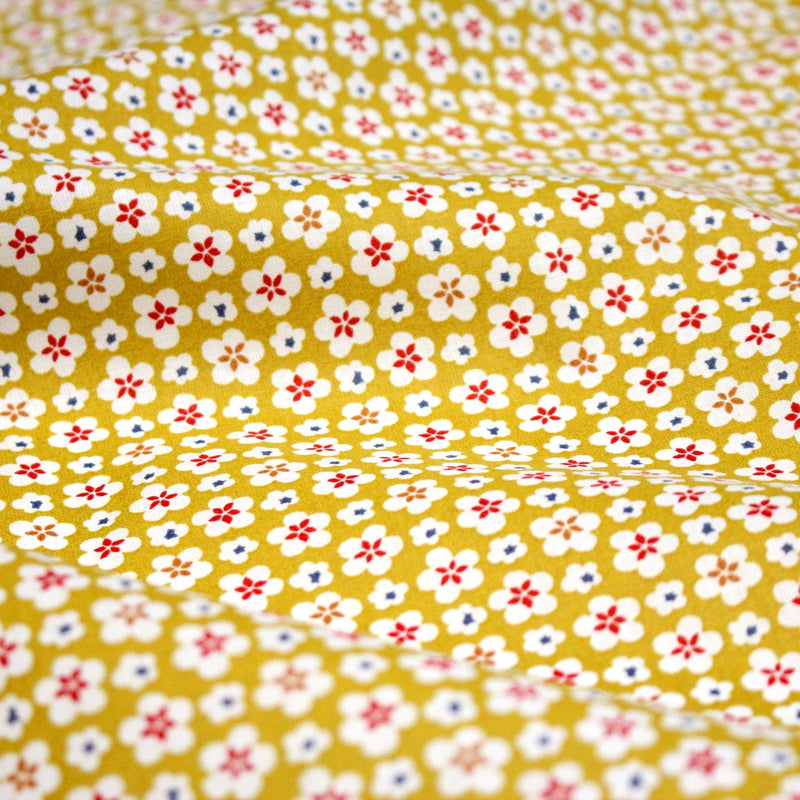 Tissu cotonnade fleurs japonaises géométriques : bleu, jaune, vert, rouge - OEKO - TEX - TissusPapi.com