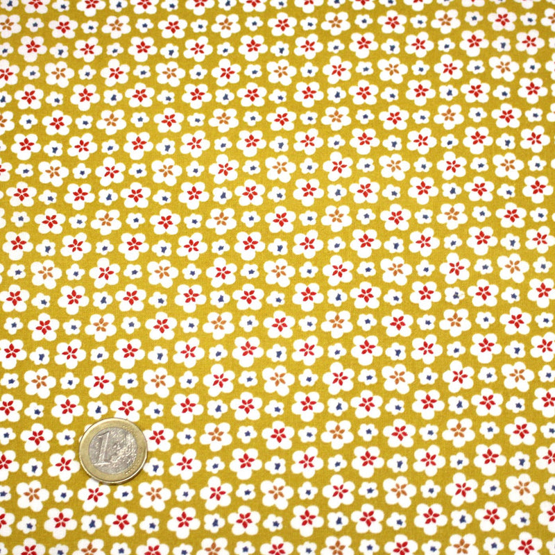 Tissu cotonnade fleurs japonaises géométriques : bleu, jaune, vert, rouge - OEKO - TEX - TissusPapi.com