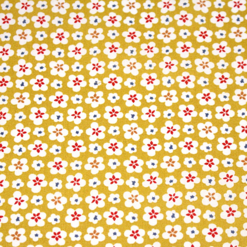Tissu cotonnade fleurs japonaises géométriques : bleu, jaune, vert, rouge - OEKO - TEX - TissusPapi.com