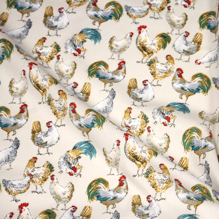 Tissu coton POULES & COQS, écru, vert canard, ocre - OEKO-TEX