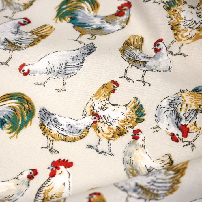 Tissu coton POULES & COQS, écru, vert canard, ocre - OEKO-TEX