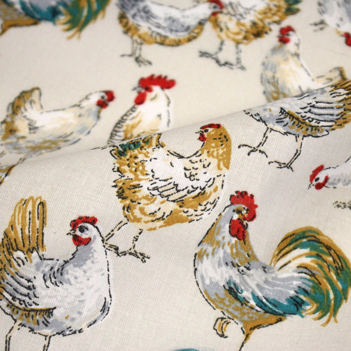 Tissu coton POULES & COQS, écru, vert canard, ocre - OEKO-TEX