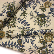 Tissu coton fin imprimé INDIENNES écru aux fleurs indiennes bleues, vertes, jaunes - TissusPapi.com