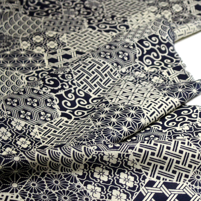 Tissu coton fin, Motifs japonais Asanoha, Seigaiha et Kikkō écru & indigo - STANDARD 100 OEKO-TEX