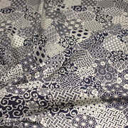 Tissu coton fin, Motifs japonais Asanoha, Seigaiha et Kikkō écru & indigo - STANDARD 100 OEKO - TEX - TissusPapi.com