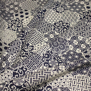 Tissu coton fin, Motifs japonais Asanoha, Seigaiha et Kikkō écru & indigo - STANDARD 100 OEKO - TEX - TissusPapi.com