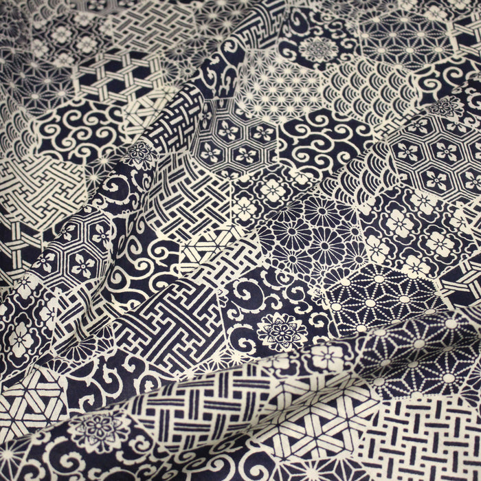 Tissu coton fin, Motifs japonais Asanoha, Seigaiha et Kikkō écru & indigo - STANDARD 100 OEKO-TEX