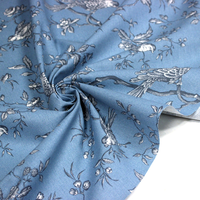 Tissu coton épais demi-natté TOILE DE JOUY AUX MESANGES, grande largeur 280cm : cinq couleurs dispos - OEKO-TEX