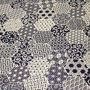 Tissu coton fin, Motifs japonais Asanoha, Seigaiha et Kikkō écru & indigo - STANDARD 100 OEKO - TEX - TissusPapi.com