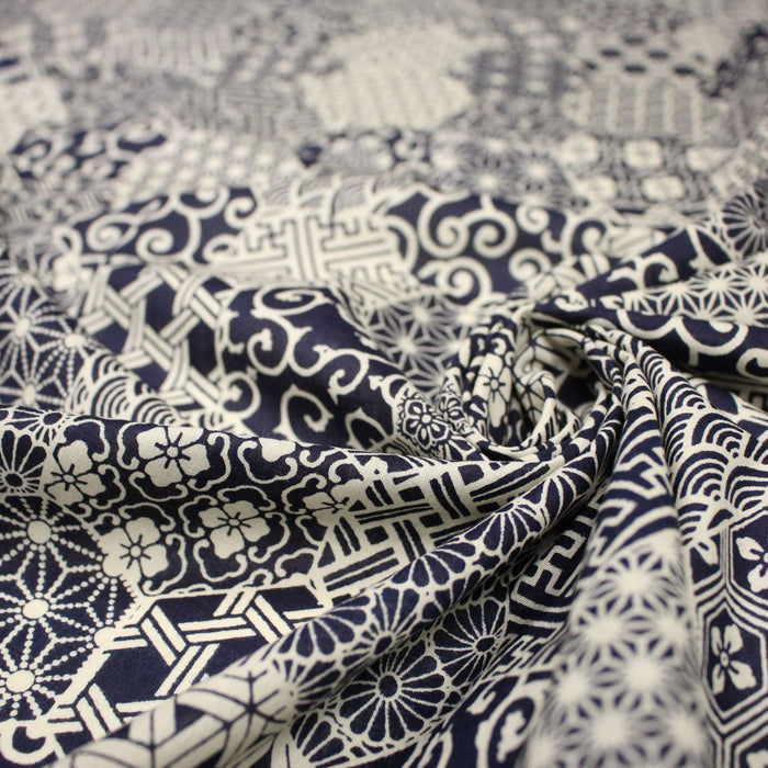Tissu coton fin, Motifs japonais Asanoha, Seigaiha et Kikkō écru & indigo - STANDARD 100 OEKO-TEX