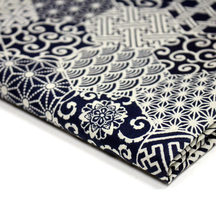 Tissu coton fin, Motifs japonais Asanoha, Seigaiha et Kikkō écru & indigo - STANDARD 100 OEKO-TEX