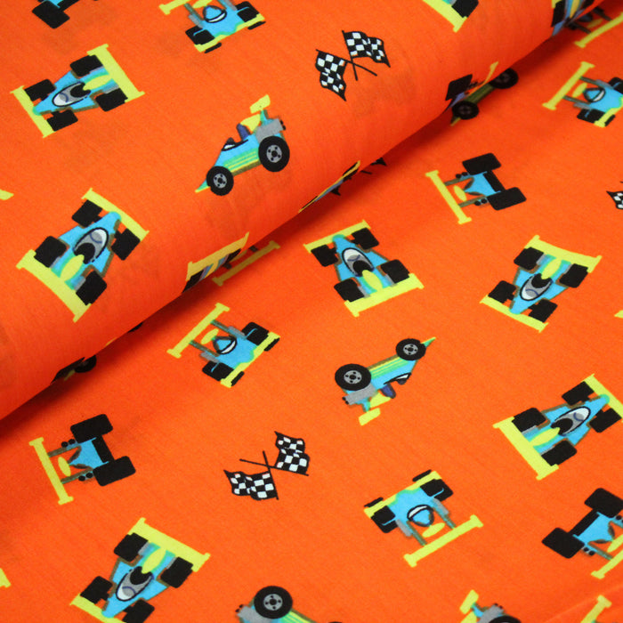 Tissu popeline coton orange, les voitures de course - OEKO-TEX