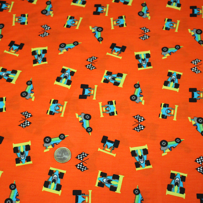 Tissu popeline coton orange, les voitures de course - OEKO-TEX