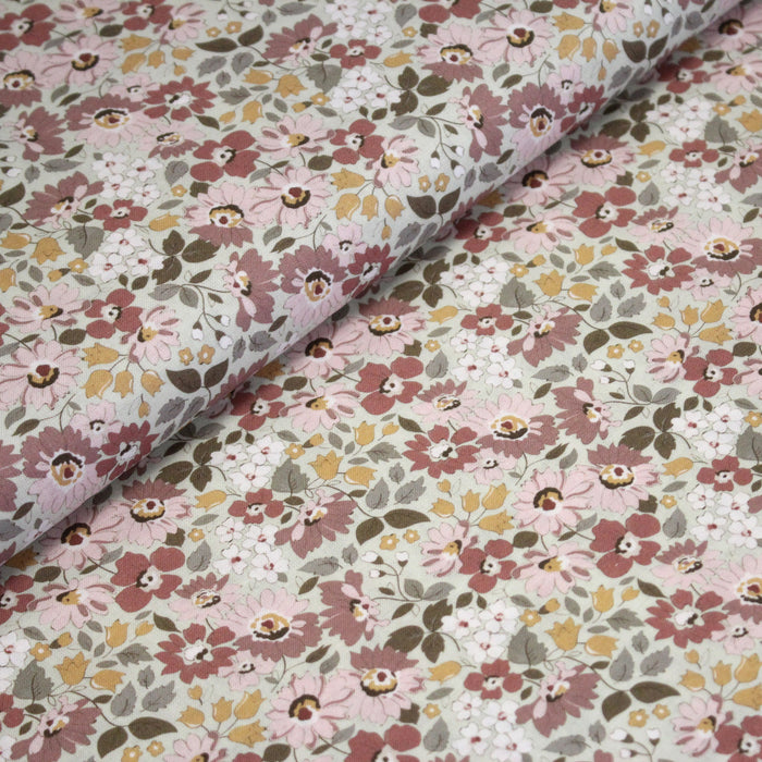 Tissu popeline coton fleuri rose indien, jaune et vert - COLLECTION HONORINE - OEKO-TEX