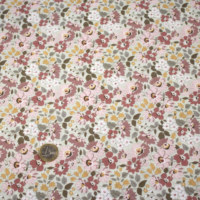 Tissu popeline coton fleuri rose indien, jaune et vert - COLLECTION HONORINE - OEKO-TEX