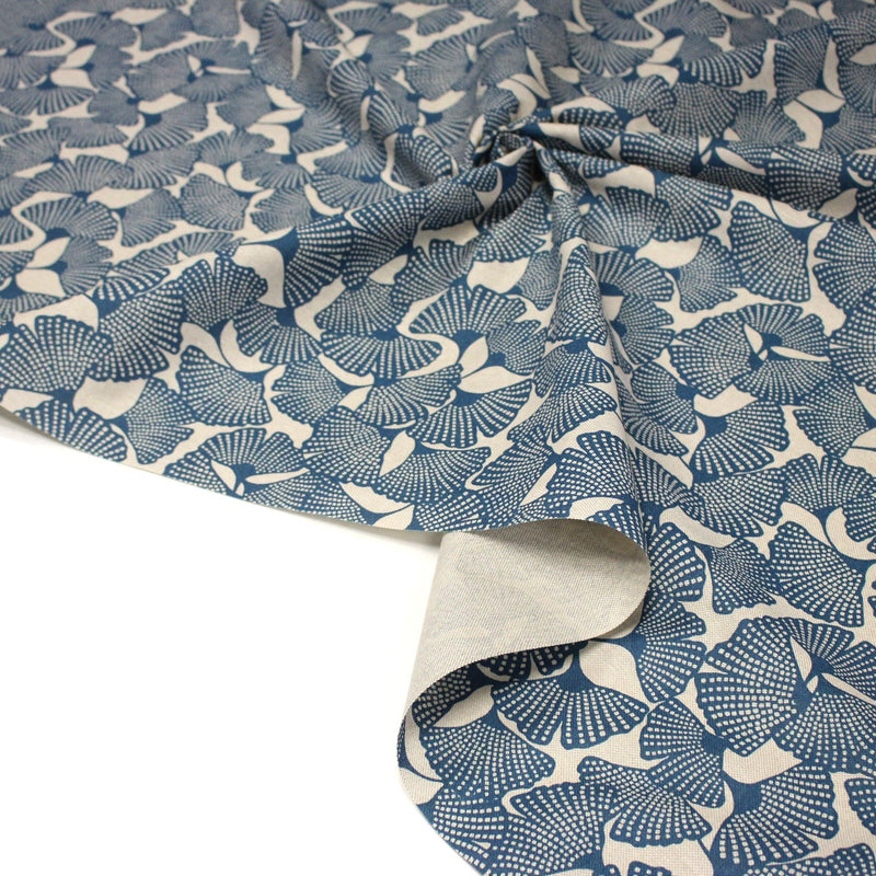 Tissu coton demi natté motif japonais GINKGO : BLEU ou NOIR - OEKO - TEX STANDARD 100 - TissusPapi.com