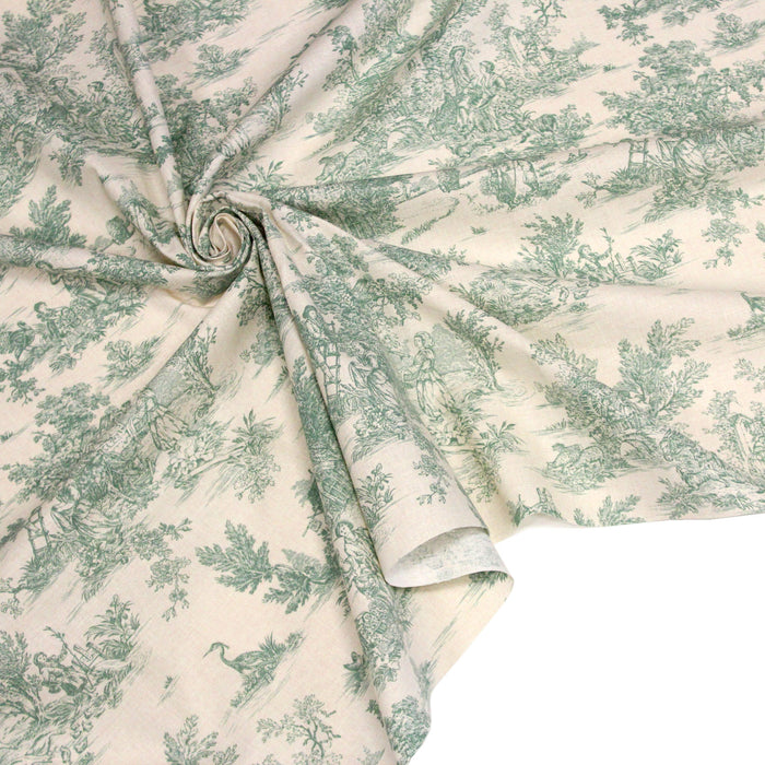 Tissu de coton toile de Jouy traditionnelle, fond lin naturel & motifs verts - OEKO-TEX