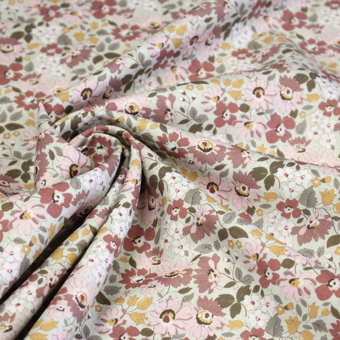 Tissu popeline coton fleuri rose indien, jaune et vert - COLLECTION HONORINE - OEKO-TEX