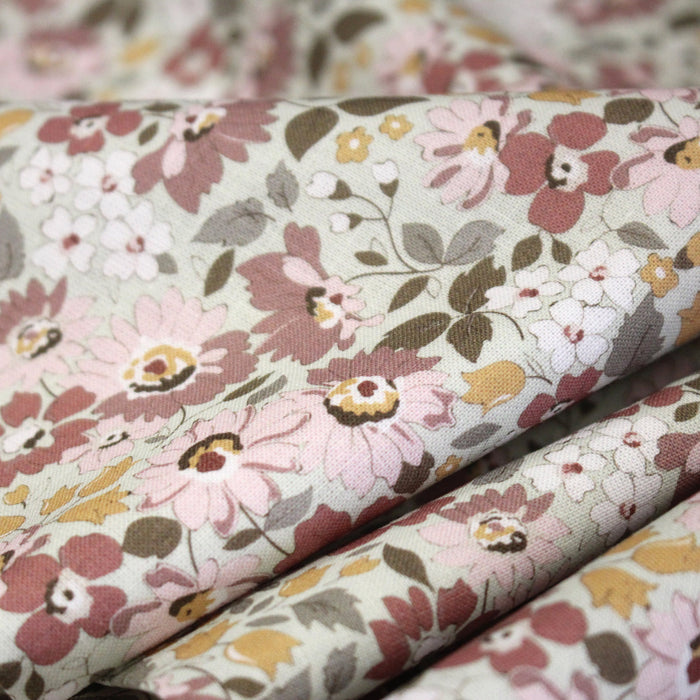 Tissu popeline coton fleuri rose indien, jaune et vert - COLLECTION HONORINE - OEKO-TEX