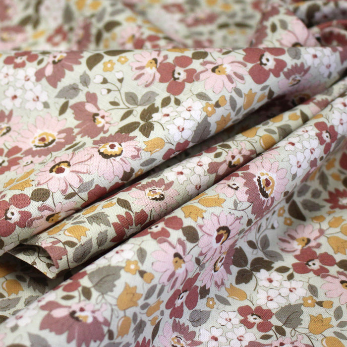 Tissu popeline coton fleuri rose indien, jaune et vert - COLLECTION HONORINE - OEKO-TEX