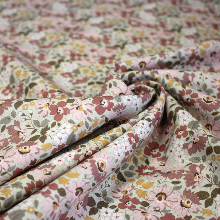 Tissu popeline coton fleuri rose indien, jaune et vert - COLLECTION HONORINE - OEKO-TEX