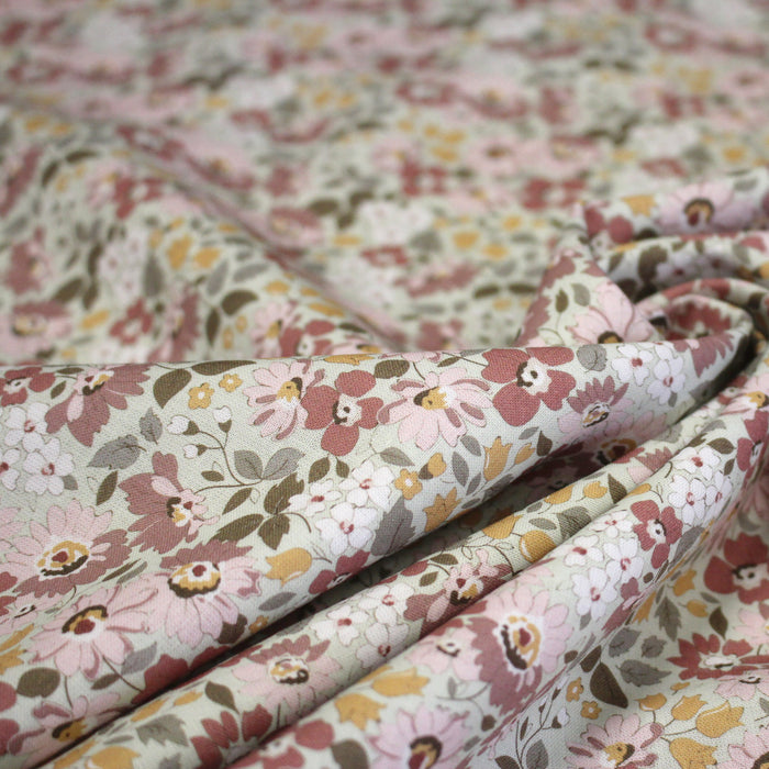 Tissu popeline coton fleuri rose indien, jaune et vert - COLLECTION HONORINE - OEKO-TEX