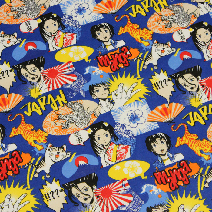 Tissu de coton japonais MANGA aux dessins d'animés japonais aux tons multicolores, fond bleu - Oeko-Tex