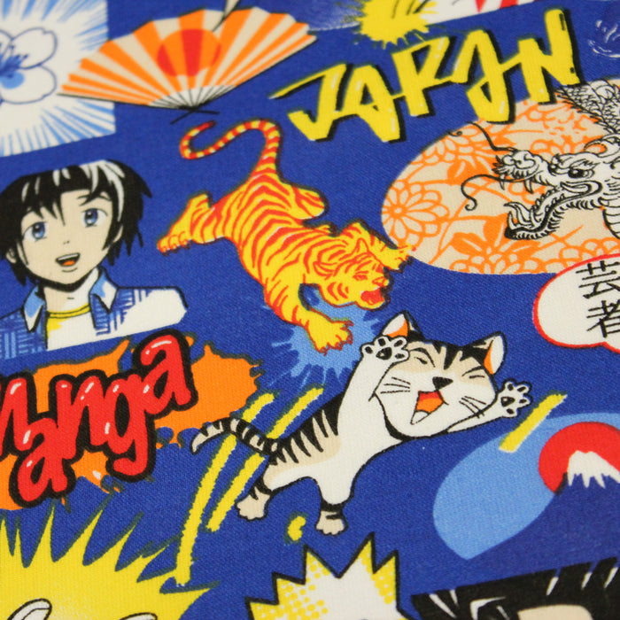 Tissu de coton japonais MANGA aux dessins d'animés japonais aux tons multicolores, fond bleu - Oeko-Tex