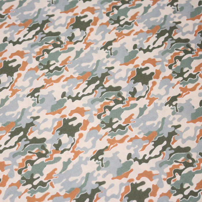 Tissu popeline coton motif camouflage vert, orange, écru et bleu - OEKO-TEX