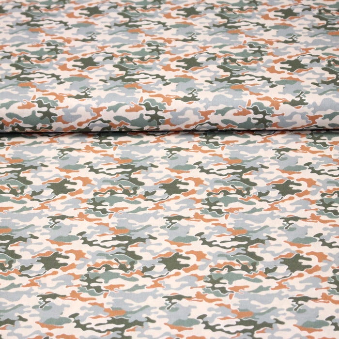 Tissu popeline coton motif camouflage vert, orange, écru et bleu - OEKO-TEX