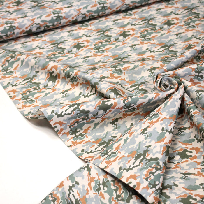 Tissu popeline coton motif camouflage vert, orange, écru et bleu - OEKO-TEX