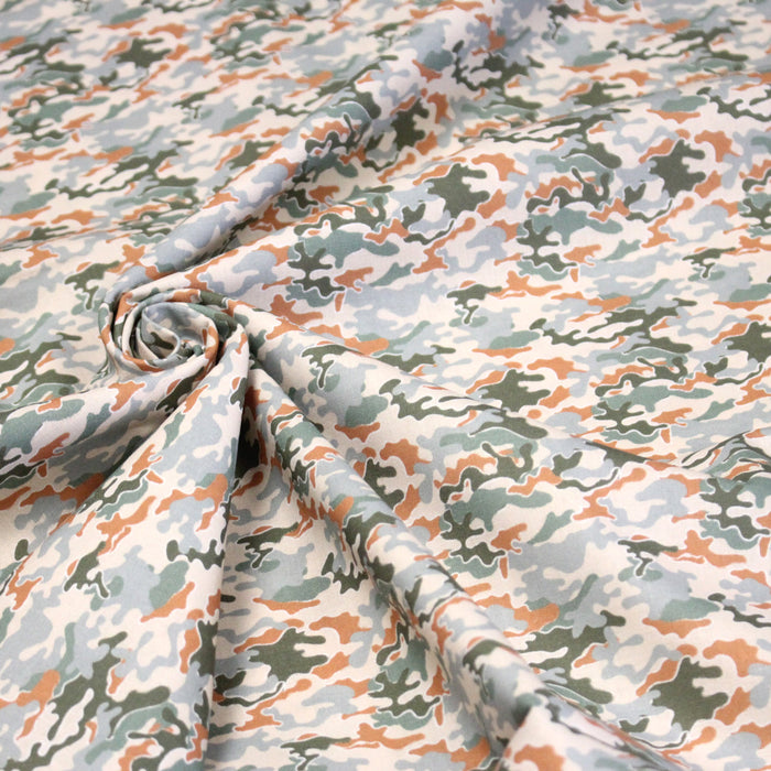 Tissu popeline coton motif camouflage vert, orange, écru et bleu - OEKO-TEX