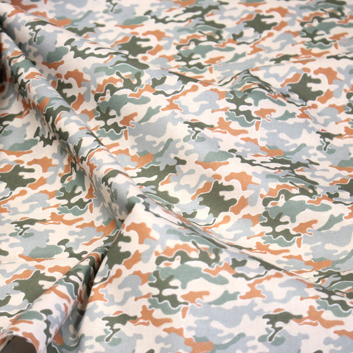 Tissu popeline coton motif camouflage vert, orange, écru et bleu - OEKO-TEX