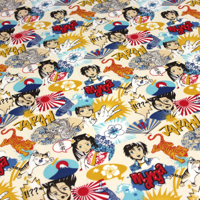 Tissu de coton japonais MANGA aux dessins d'animés japonais aux tons multicolores, fond écru - Oeko-Tex