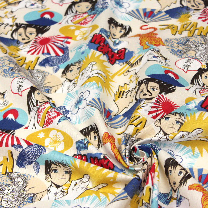 Tissu de coton japonais MANGA aux dessins d'animés japonais aux tons multicolores, fond écru - Oeko-Tex
