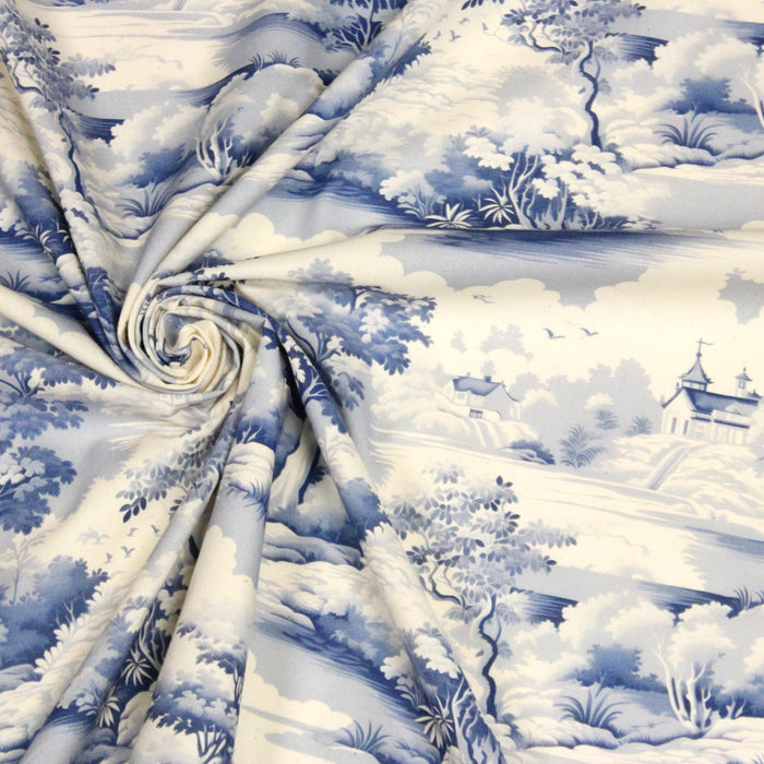 Tissu de coton Toile de Jouy traditionnelle française bleue, fond écru - COLLECTION PAYSAGE DE SOLOGNE