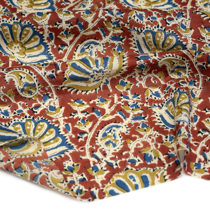 Tissu coton fin imprimé INDIENNES, rouge carmin aux fleurs jaunes et bleues – STANDARD 100 OEKO-TEX