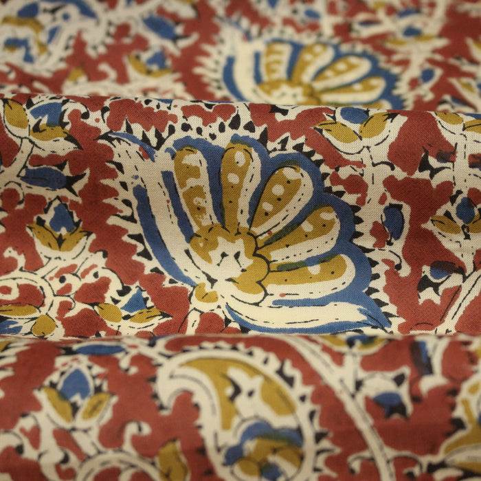 Tissu coton fin imprimé INDIENNES, rouge carmin aux fleurs jaunes et bleues – STANDARD 100 OEKO-TEX