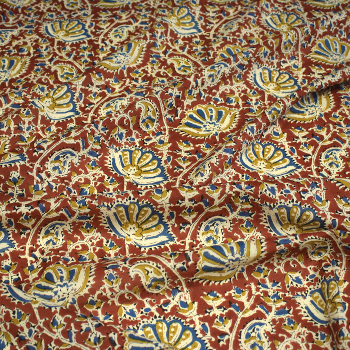 Tissu coton fin imprimé INDIENNES, rouge carmin aux fleurs jaunes et bleues – STANDARD 100 OEKO-TEX