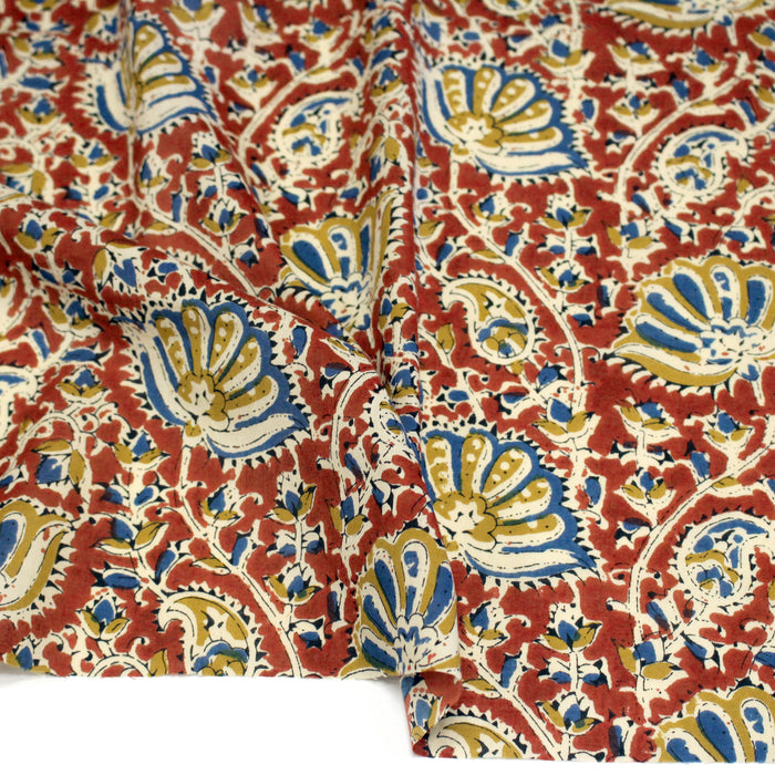 Tissu coton fin imprimé INDIENNES, rouge carmin aux fleurs jaunes et bleues – STANDARD 100 OEKO-TEX