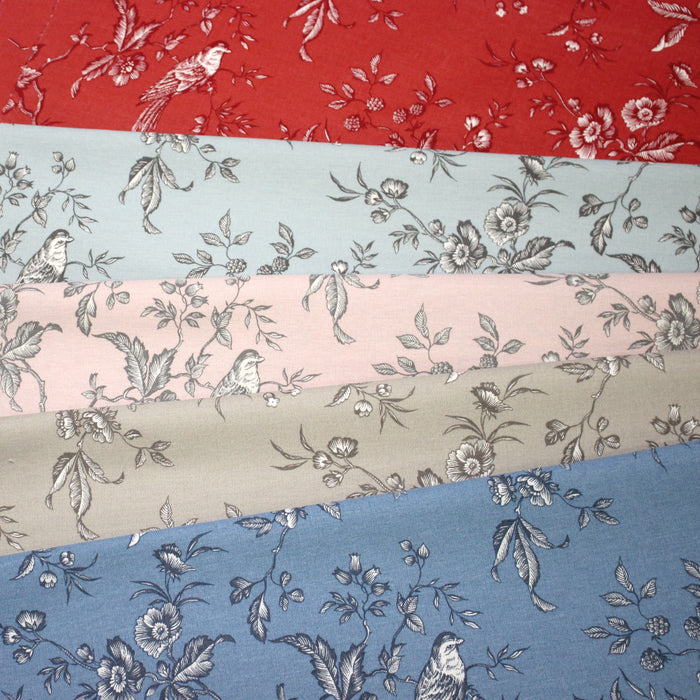 Tissu coton épais demi-natté TOILE DE JOUY AUX MESANGES, grande largeur 280cm : cinq couleurs dispos - OEKO-TEX