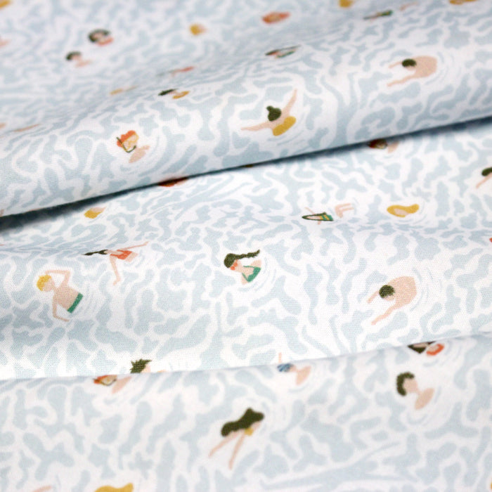 Tissu popeline coton Les petits nageurs & vagues bleues - OEKO-TEX