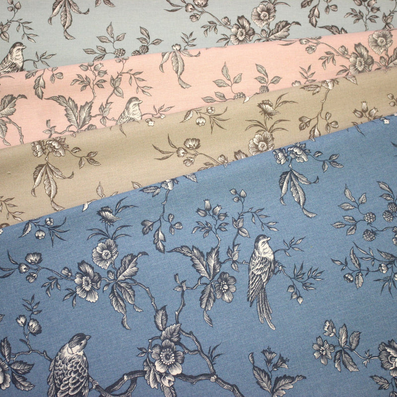 Tissu coton épais demi - natté TOILE DE JOUY AUX MESANGES, grande largeur 280cm : cinq couleurs dispos - OEKO - TEX - TissusPapi.com