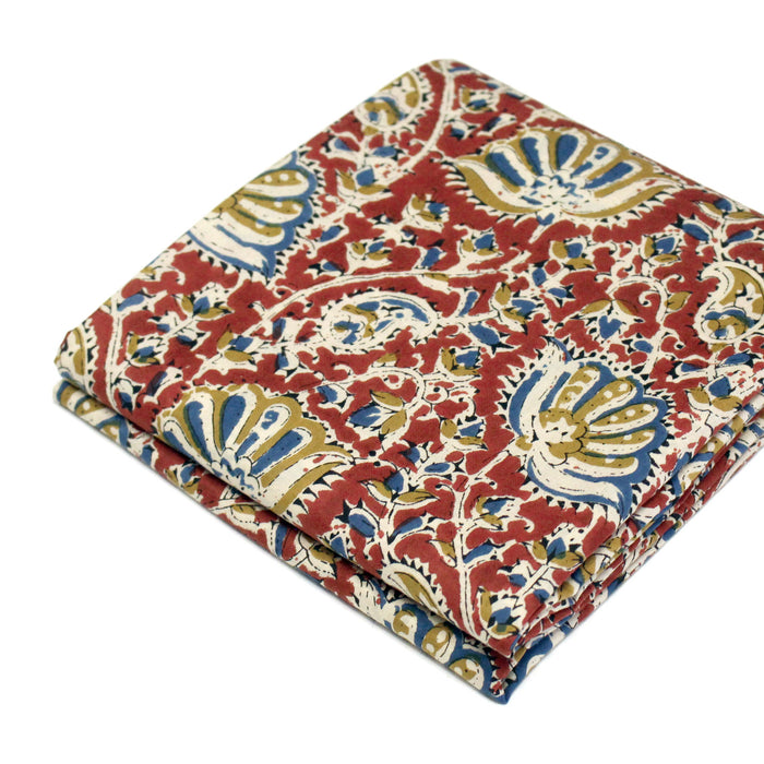 Tissu coton fin imprimé INDIENNES, rouge carmin aux fleurs jaunes et bleues – STANDARD 100 OEKO-TEX