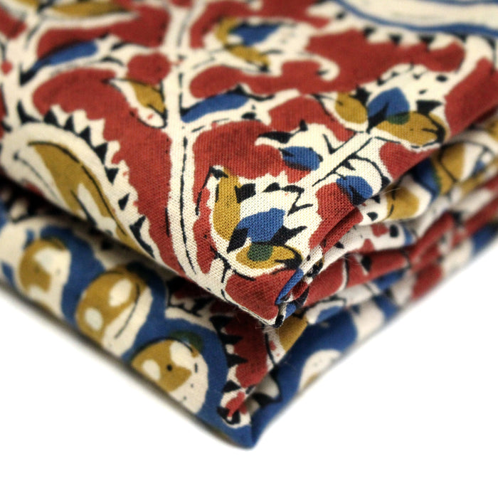 Tissu coton fin imprimé INDIENNES, rouge carmin aux fleurs jaunes et bleues – STANDARD 100 OEKO-TEX