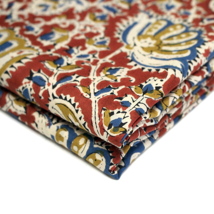 Tissu coton fin imprimé INDIENNES, rouge carmin aux fleurs jaunes et bleues – STANDARD 100 OEKO-TEX