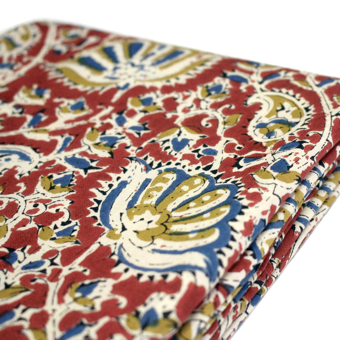 Tissu coton fin imprimé INDIENNES, rouge carmin aux fleurs jaunes et bleues – STANDARD 100 OEKO-TEX